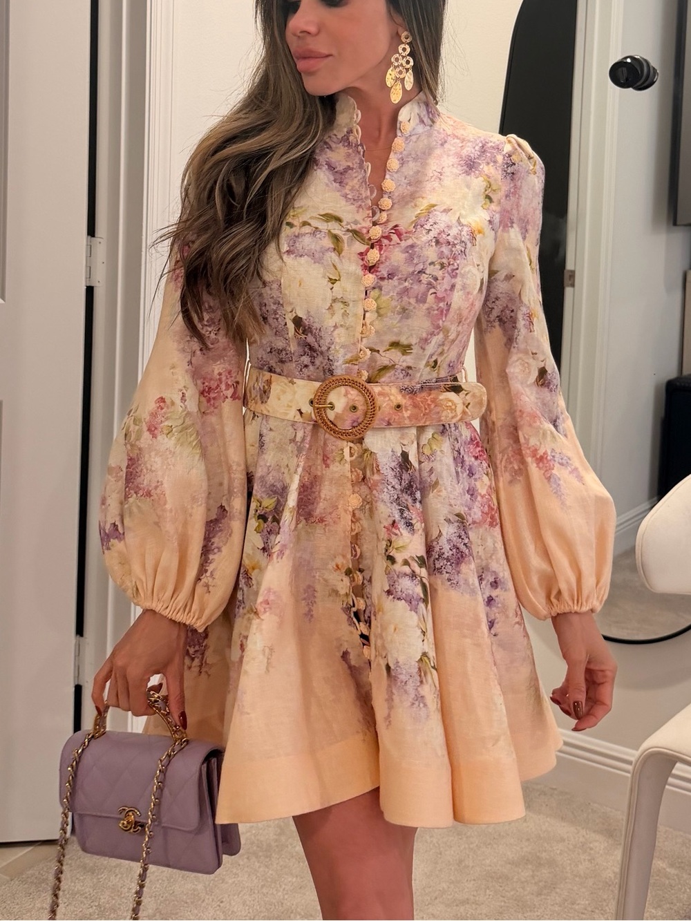 Zimmermann Peach and Lavender Floral Long-Sleeve Fit-and-Flare Dress